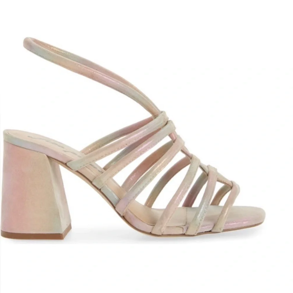 Free People Colette Cinched Heeled Sandals Rainbow iridescent Lustrous Heels 37 - Picture 2 of 15